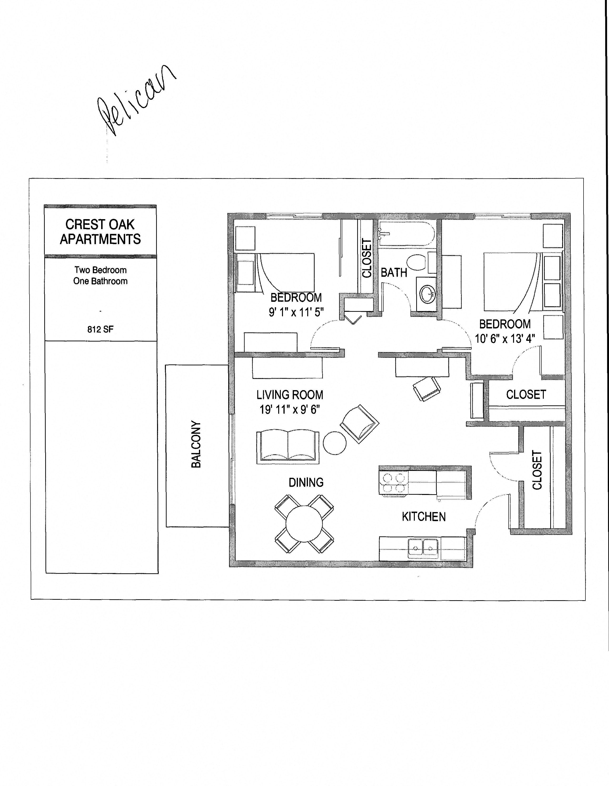 Floor plan for 2 beds, 1 bath, 850 sqft