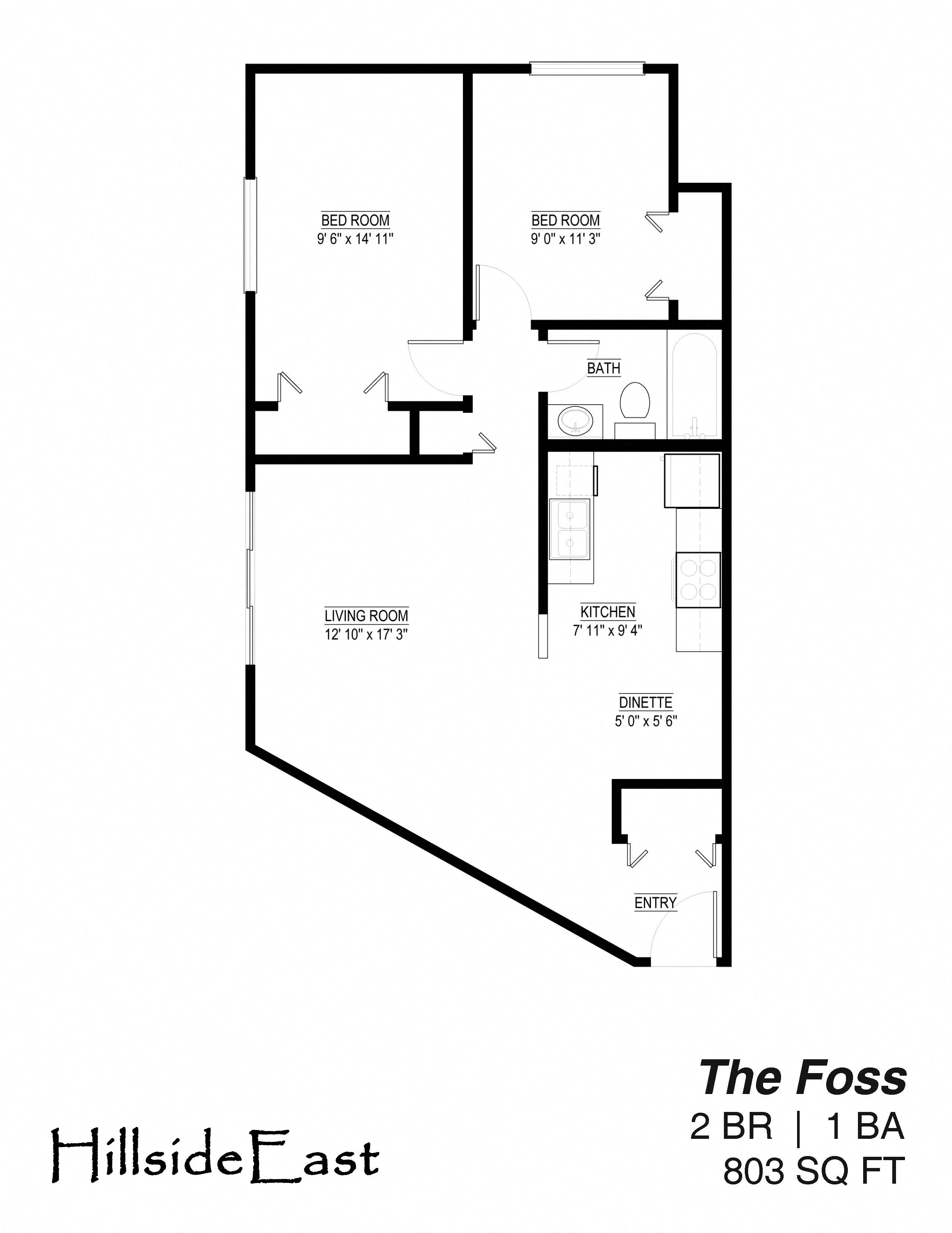 Floor plan for 2 beds, 1 bath, 803 sqft