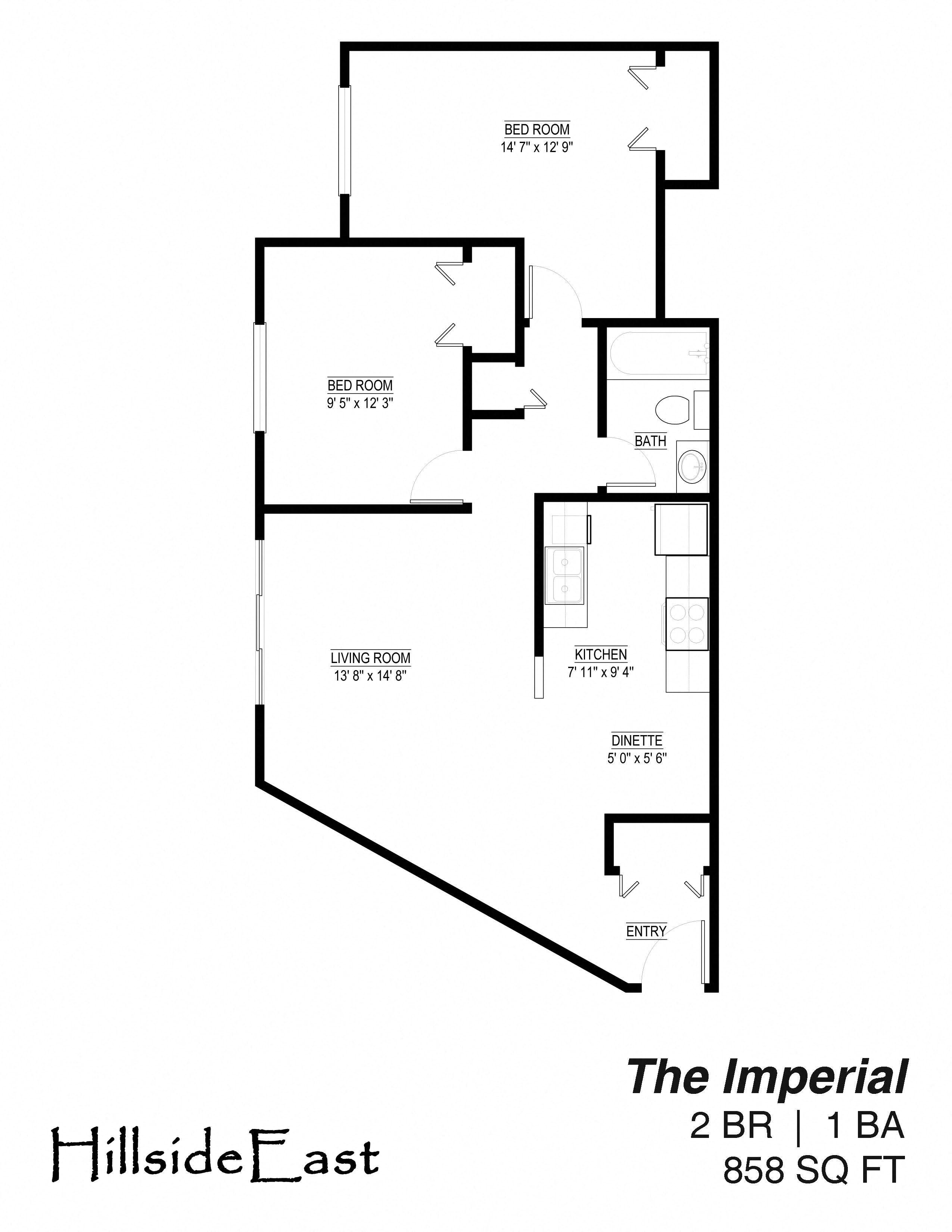 Floor plan for 2 beds, 1 bath, 858 sqft