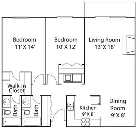 Floor plan for 2 beds, 2 baths, 1044 sqft