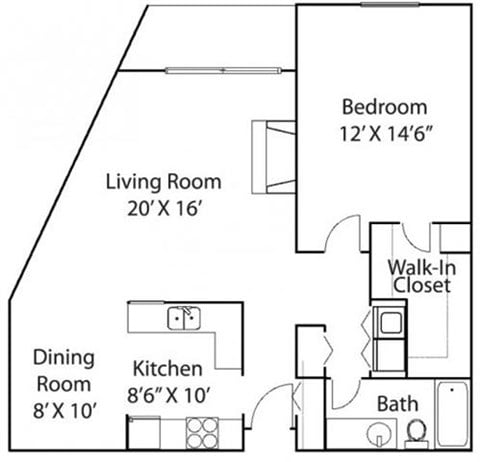 Floor plan for 1 bed, 1 bath, 952 sqft