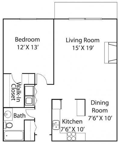 Floor plan for 1 bed, 1 bath, 805 sqft