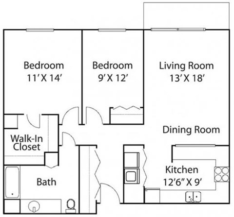 Floor plan for 2 beds, 1 bath, 1009 sqft