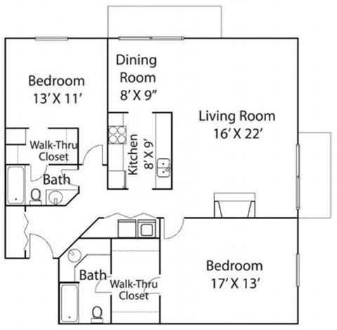 Floor plan for 2 beds, 2 baths, 1289 sqft