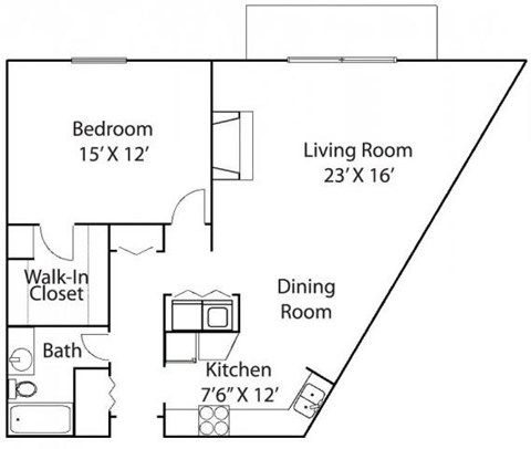 Floor plan for 1 bed, 1 bath, 878 sqft