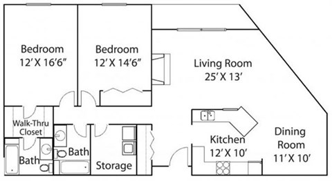 Floor plan for 2 beds, 2 baths, 1328 sqft
