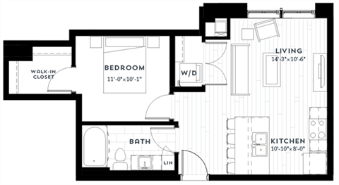 Floor plan for 1 bed, 1 bath, 597 sqft