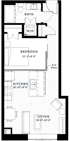 Floor plan for 1 bed, 1 bath, 606 sqft