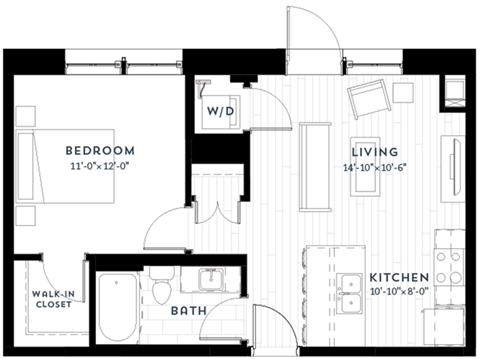 Floor plan for 1 bed, 1 bath, 626 sqft