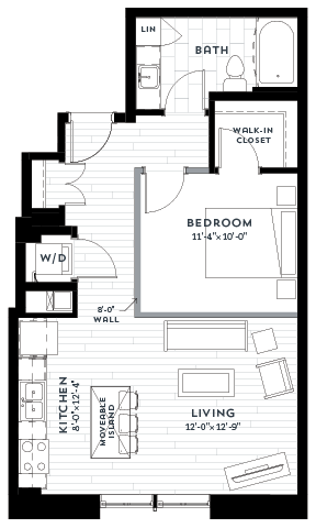 Floor plan for 1 bed, 1 bath, 672 sqft