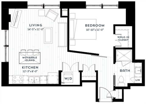 Floor plan for 1 bed, 1 bath, 724 sqft