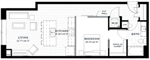Floor plan for 1 bed, 1 bath, 757 sqft