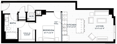 Floor plan for 1 bed, 1 bath, 760 sqft