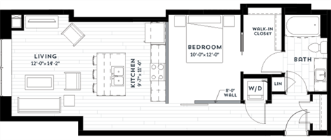Floor plan for 1 bed, 1 bath, 751 sqft