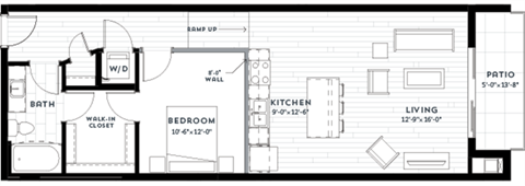 Floor plan for 1 bed, 1 bath, 791 sqft