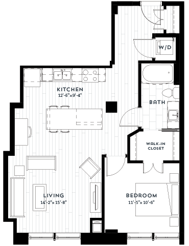 Floor plan for 1 bed, 1 bath, 793 sqft