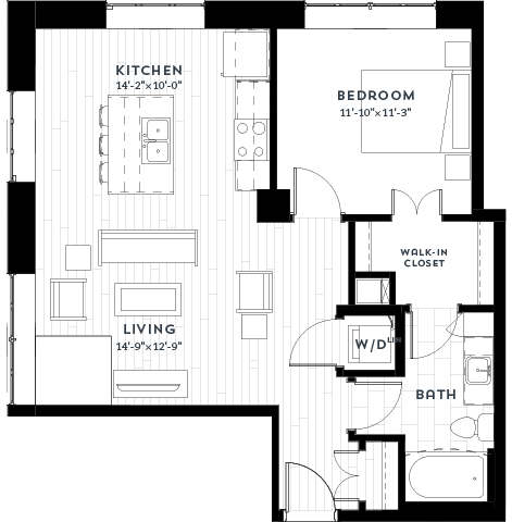 Floor plan for 1 bed, 1 bath, 806 sqft