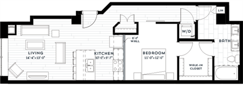 Floor plan for 1 bed, 1 bath, 771 sqft