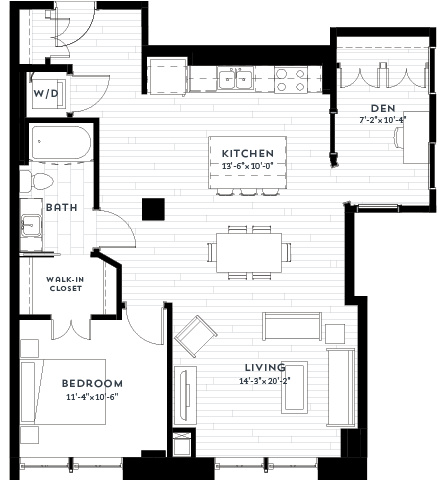 Floor plan for 1 bed, 1 bath, 973 sqft