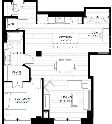 Floor plan for 1 bed, 1 bath, 973 sqft