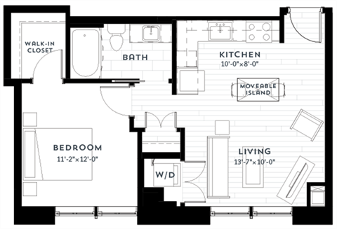 Floor plan for 1 bed, 1 bath, 611 sqft