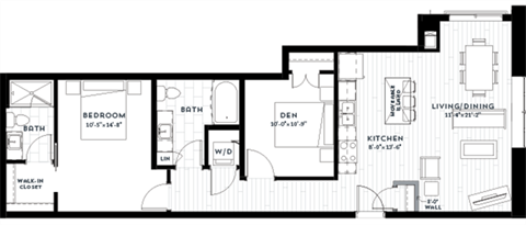 Floor plan for 1 bed, 1 bath, 1029 sqft