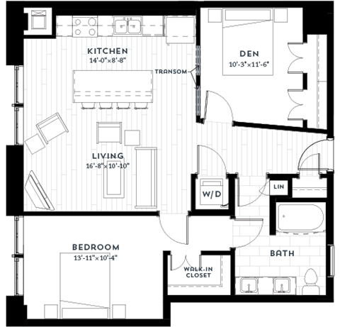 Floor plan for 1 bed, 1 bath, 982 sqft