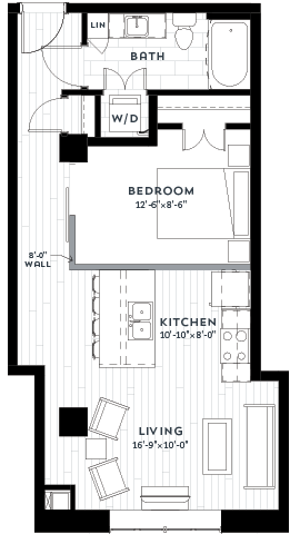 Floor plan for 1 bed, 1 bath, 645 sqft