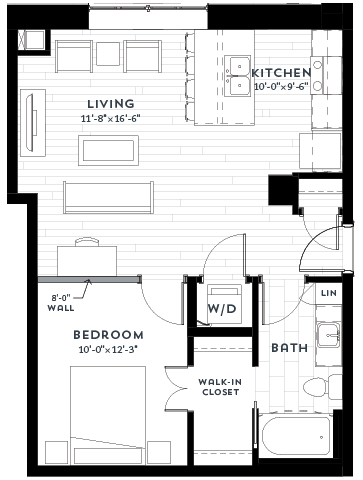 Floor plan for 1 bed, 1 bath, 672 sqft
