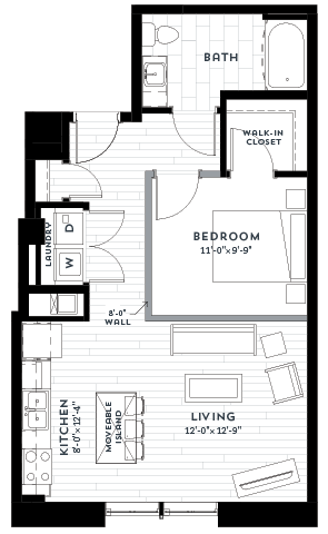 Floor plan for 1 bed, 1 bath, 672 sqft