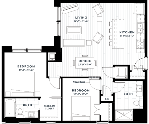 Floor plan for 2 beds, 2 baths, 1068 sqft