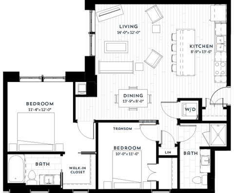 Floor plan for 2 beds, 2 baths, 1054 sqft