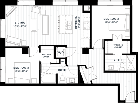 Floor plan for 2 beds, 2 baths, 1148 sqft