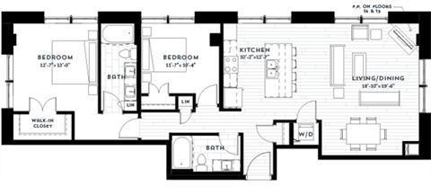 Floor plan for 2 beds, 2 baths, 1328 sqft