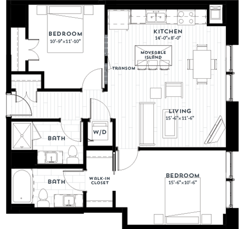 Floor plan for 2 beds, 2 baths, 976 sqft