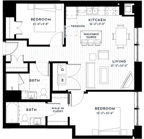 Floor plan for 2 beds, 2 baths, 976 sqft