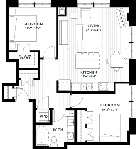 Floor plan for 2 beds, 1 bath, 1005 sqft