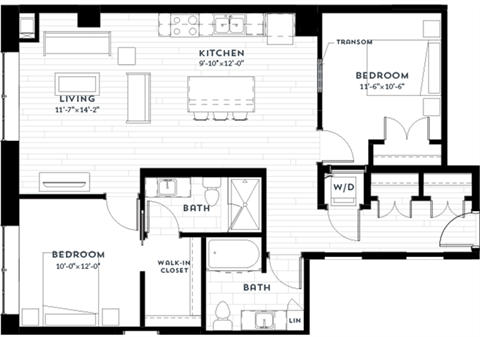 Floor plan for 2 beds, 2 baths, 1087 sqft