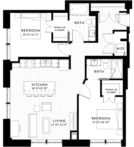 Floor plan for 2 beds, 2 baths, 1079 sqft