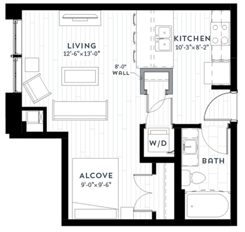 Floor plan for studio, 1 bath, 510 sqft