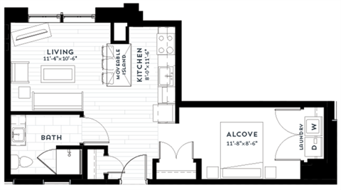 Floor plan for studio, 1 bath, 561 sqft