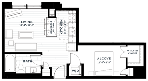 Floor plan for studio, 1 bath, 561 sqft
