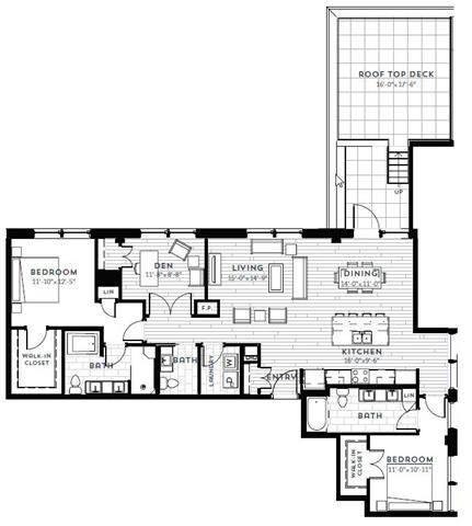 Floor plan for 2 beds, 2 baths, 1698 sqft