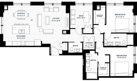Floor plan for 2 beds, 2.5 baths, 1730 sqft