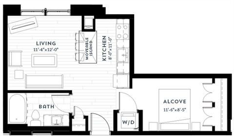 Floor plan for studio, 1 bath, 541 sqft