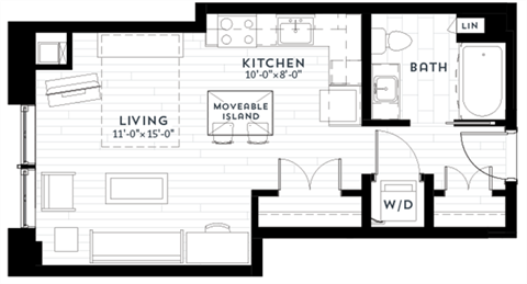 Floor plan for studio, 1 bath, 486 sqft