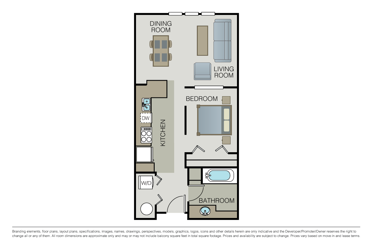 Floor plan for 1 bed, 1 bath, 612 sqft
