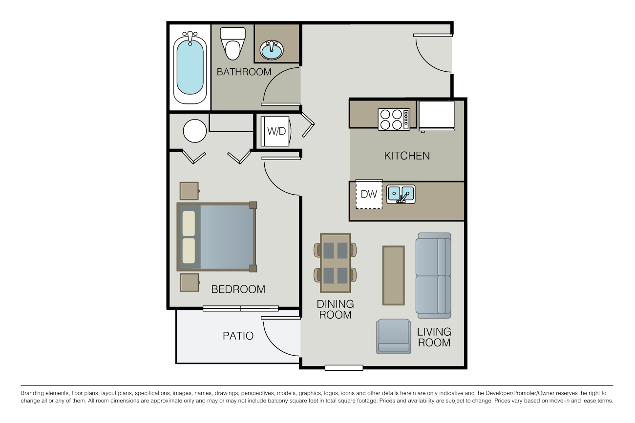 Floor plan for 1 bed, 1 bath, 534 sqft