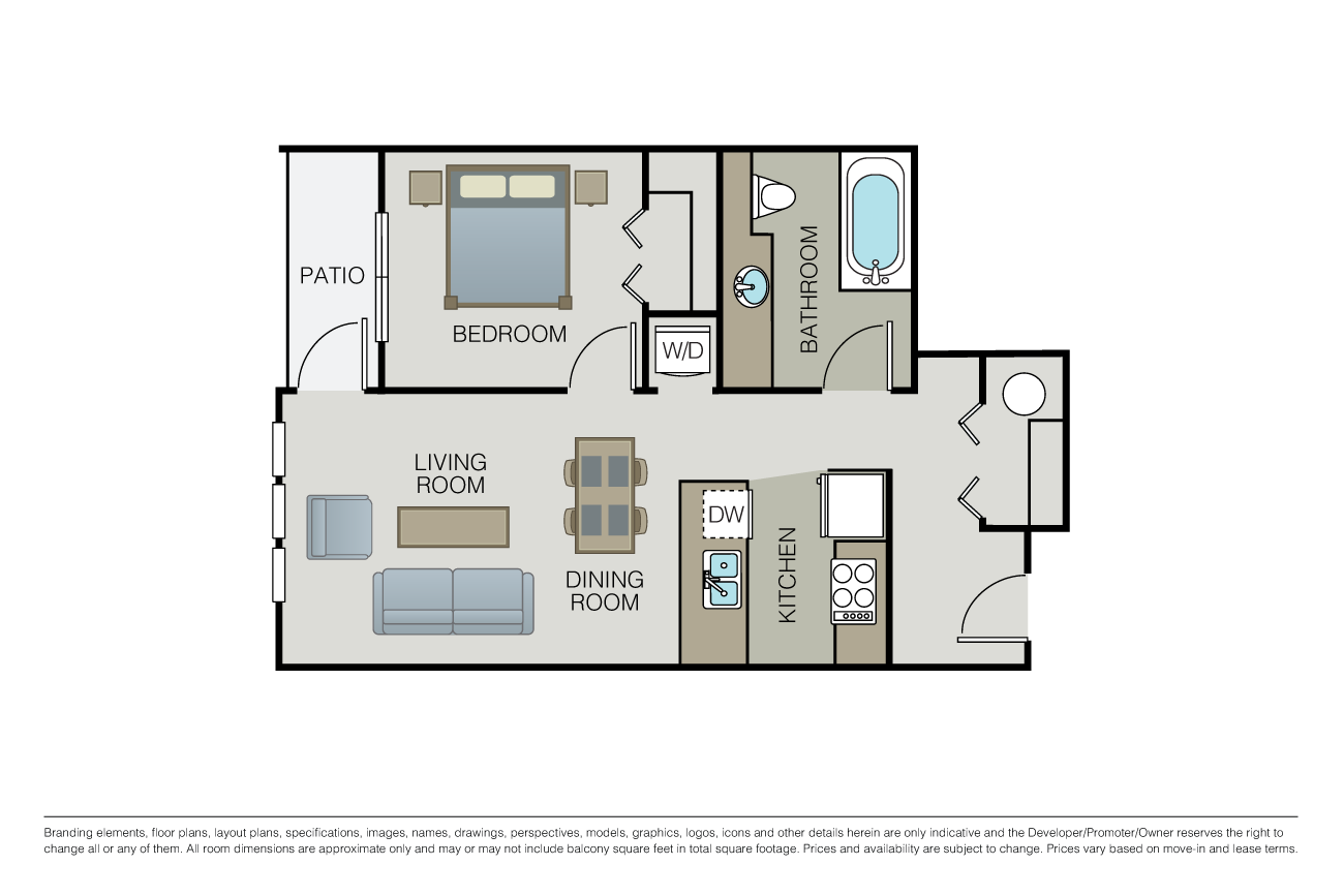 Floor plan for 1 bed, 1 bath, 664 sqft