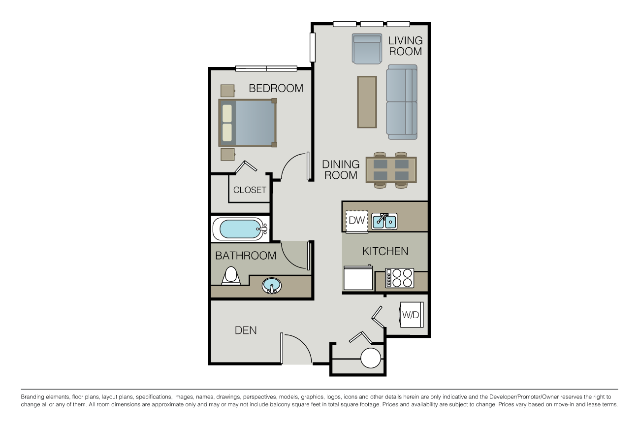 Floor plan for 1 bed, 1 bath, 659 sqft